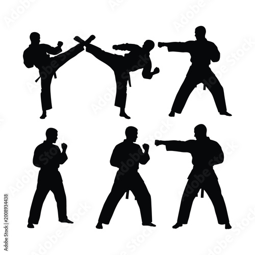 Obraz na płótnie Martial arts silhouette collection of 6 karate fighters, black taekwondo athlete