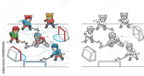 Canvas Print Cute cartoon animals playing ice hockey vector illustration