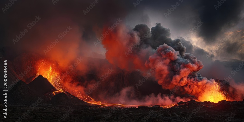 Fototapeta premium Dramatic Volcanic Eruption with Fiery Lava Flow and Dense Smoke Plume at Dusk.
