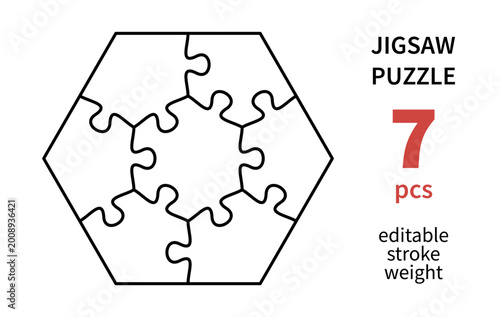 Cutting lines grid design jigsaw puzzle. Jigsaw puzzle blank template. 7 pieces. Editable stroke weight. Vector illustration.