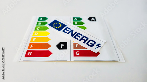 European Union energy efficiency rating labels on white background