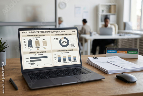 A laptop shows a procurement performance dashboard with data on supplier scores, spend management, and category performance. People work in the background in an office setting during daytime hours.