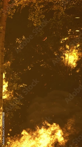 A forest fire burns fiercely in a wooded area during the evening. Flames rise among the trees, and smoke fills the air. The environment looks dry and dangerous as embers drift.