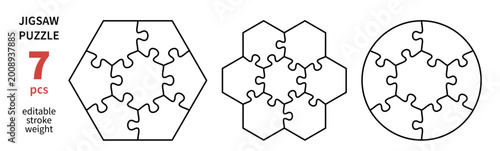 Cutting lines grid design for kids jigsaw puzzle. Jigsaw puzzle blank template. 7 pieces. Editable stroke weight. Vector illustration set.