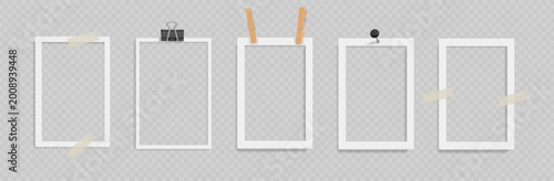 Realistic rectangular frames in vertical orientation. Vector blank photo placeholders set. Borders attached using clothespins and pushpins, binder clips and adhesive tapes. Gallery decoration elements