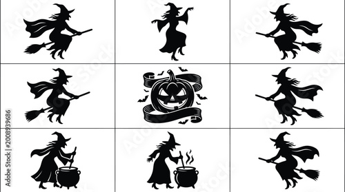 Schilderij op canvas Halloween witch and pumpkin vector collection