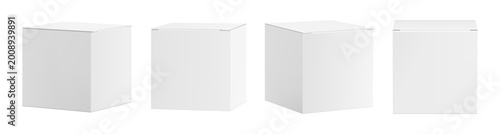 3D mockups of packaging box with clean surface. Vector realistic set of isolated closed carton containers. Square storage packs or delivery parcels. Professional cartonpack and commercial use