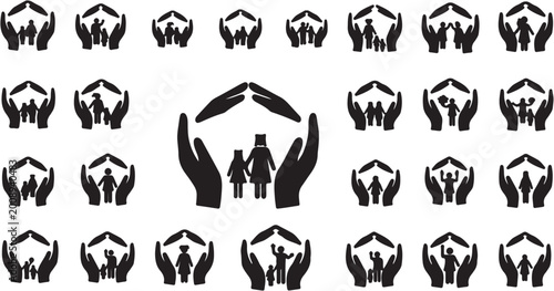 Tableau sur toile Family protection concept with hands forming a shelter over various family units