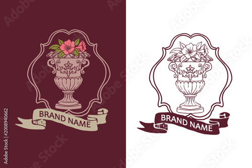 Hand drawn colorful ancient outdoor stone vase with flower ribbon ornament. whimsical victorian garden urn. Vintage street carved plant urn. Italian summer european style vector illustration