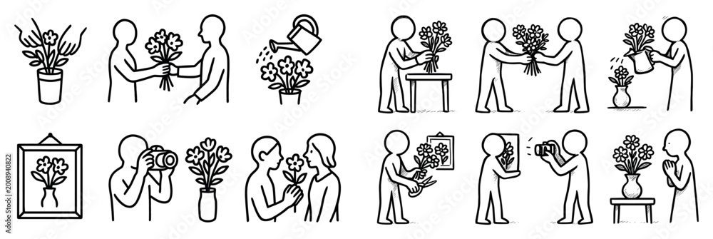 Obraz premium Floral icons with person bouquet vase outline