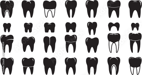 Foto Collection of human teeth silhouettes showing various dental structures and conditions