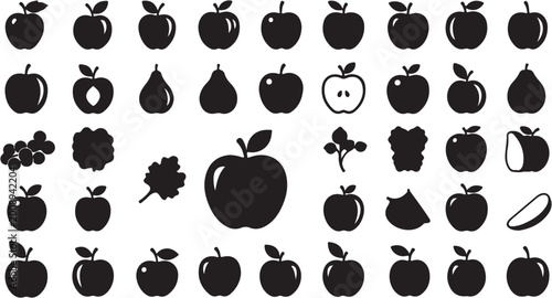 Fotografia Collection of various apple silhouettes and fruit icons in black and white