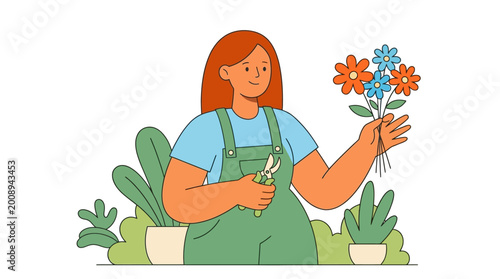 Photography Woman arranging fresh flowers with scissors in a garden vector illustration desi