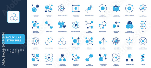 Tableau sur toile Molecular structure and chain, nucleus and electrons of atom, chemical molecule model glyph icon set