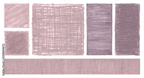 Collection of hand-drawn dusty rose mauve and muted purple crayon pastel textured rectangle and square shapes with crosshatch diagonal and horizontal strokes isolated on white background