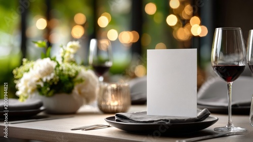 A beautifully arranged dining table showcases a blank white invitation mockup, surrounded by elegant glassware and a lovely floral centerpiece, inviting a perfect evening celebration
