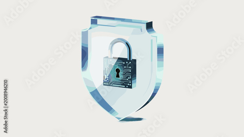 Glass shield with metallic circuit padlock – Suitable for web safety, blockchain security, or information technology visuals.