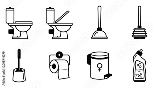 Cuadro en lienzo Bathroom cleaning and sanitation equipment icons with descriptive labels
