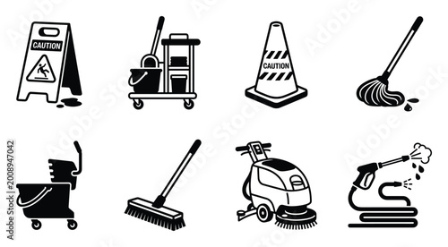 Schilderij op canvas Cleaning equipment and supplies collection icons set janitorial service maintenance technology isolated