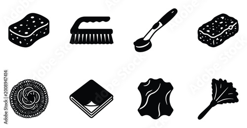 Obraz na płótnie Cleaning supplies icons sponge brush spoon cloth leather duster vector set isolated on white background