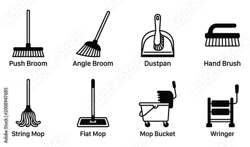 Photos Cleaning tools icons push broom angle broom dustpan hand brush mop bucket wringer vector isolated