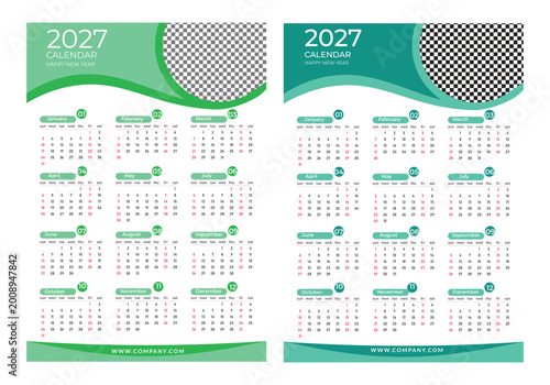 2027 calendar layout with green and teal color scheme