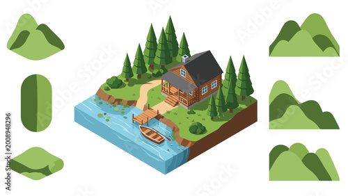 Isometric illustration of a cozy wooden cabin located on a lakeshore surrounded by pine trees with various landscape elements for design.