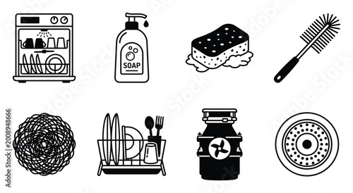 Φωτογραφία Dishwasher soap sponge brush dish rack milk jug drain cover cleaning supplies household items