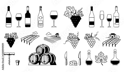Wine line icon set vector elegant winery grape glass outline symbols