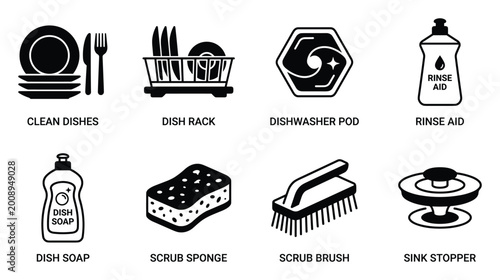 Foto Dishwashing tools and supplies clean dishes dish rack dishwasher pod rinse aid dish soap sponge