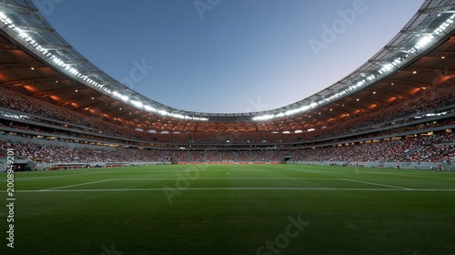 Estadio de fútbol preparado para una final al atardecer