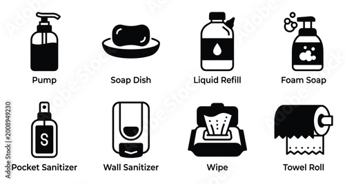 Photos Hand hygiene and sanitation products icons such as pump soap dispenser liquid refill foam sanitizer wipe