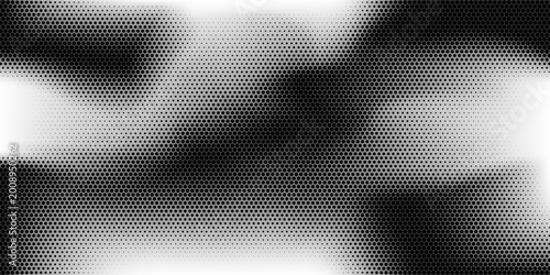 Hexagon halftone gradient texture. Abstract black grunge background. Geometric retro halftone tech wallpaper. Fading wavy hexagonal pattern backdrop. eps 10