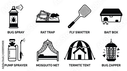 Foto Insect pest control and extermination tools collection vector flat icons set clean house garden