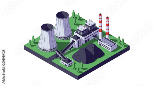 Isometric illustration of a coal-fired power plant with cooling towers, chimneys, and coal piles on green terrain.