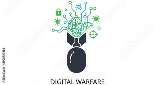 Digital warfare concept a bomb with data streams and cybernetic elements