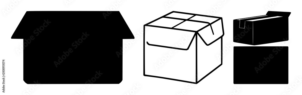 Obraz premium Delivery box parcel icon set with solid black fill and minimalistic design featuring shipping, package, cardboard with goods and commerce