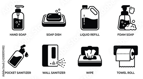 Cuadro en lienzo Personal hygiene product icons: hand soap dispenser, soap dish, liquid refill bottle, foam soap, sanitizer