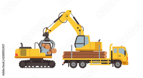 Industrial Forestry Equipment Vector Illustration: Log Loader Excavator Loading Timber onto a Logging Truck