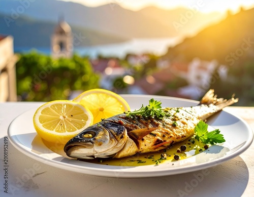 Gegrillter Fisch mit Zitrone mediterran serviert