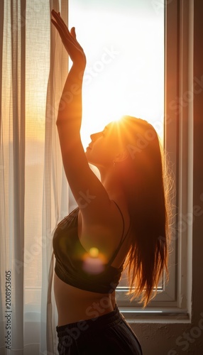 Woman Stretching by Window in Warm Morning Sunlight