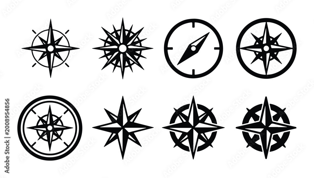 Fototapeta premium black and white compass rose vector set on transparent background