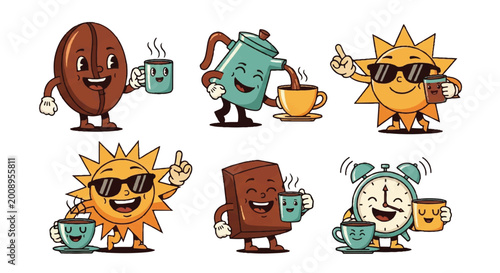 Cartoon coffee bean teapot sun chocolate and alarm clock characters with coffee cups