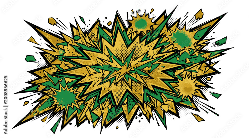 Fototapeta premium Grunge Dot Gold and Green Pop Art Crash Vector featuring Chaotic Multi-Layer Design