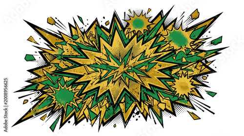 Grunge Dot Gold and Green Pop Art Crash Vector featuring Chaotic Multi-Layer Design