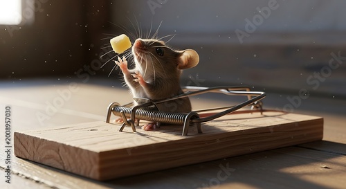 Mouse trapped on a wooden board with cheese.