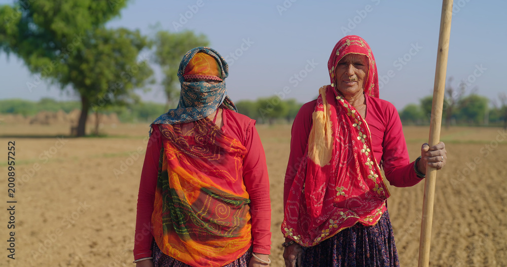 Naklejka premium Indian mature old aged two lady woman wear saree cover head look camera day rural area. Happy worker female hold farm rake in hand staring cam do pose enjoy desi life village ground place