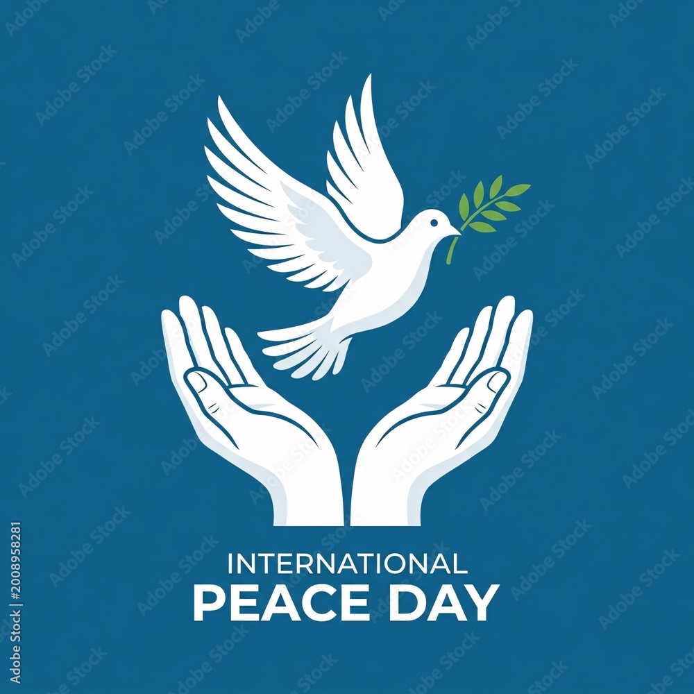 Fototapeta premium International peace day symbol with dove and hands on blue background
