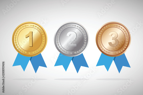 Gold Silver Bronze Medals with Blue Ribbons