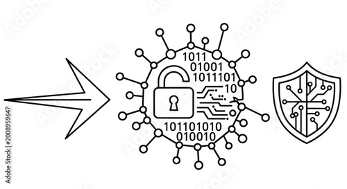Bilde på lerret Cybersecurity concept a virus approaching a shield with a digital lock